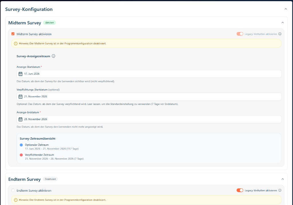 Survey configuration in batch editing with midterm and endterm activation, dates, and period overview