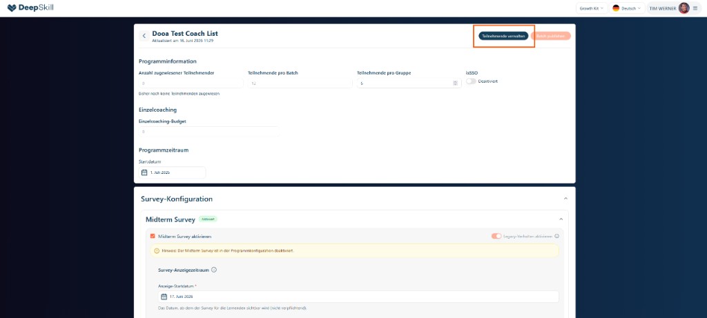 Manage participants action in batch editing header leading to the participants management view