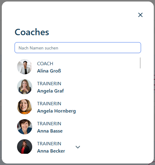 Coach selection dialog with searchable list of coaches