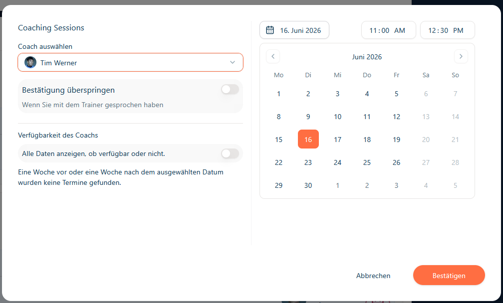 Coach appointment date and time selection with calendar and confirmation action