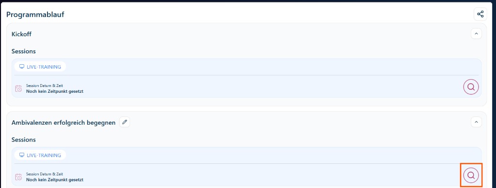 Program schedule with coach request icons on session cards and "Termine anfragen" request button