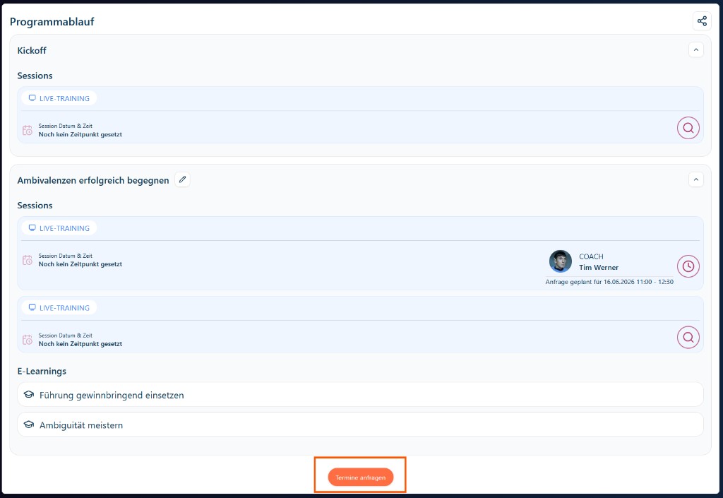Program schedule after planned appointments are set, with request button highlighted for submitting requests