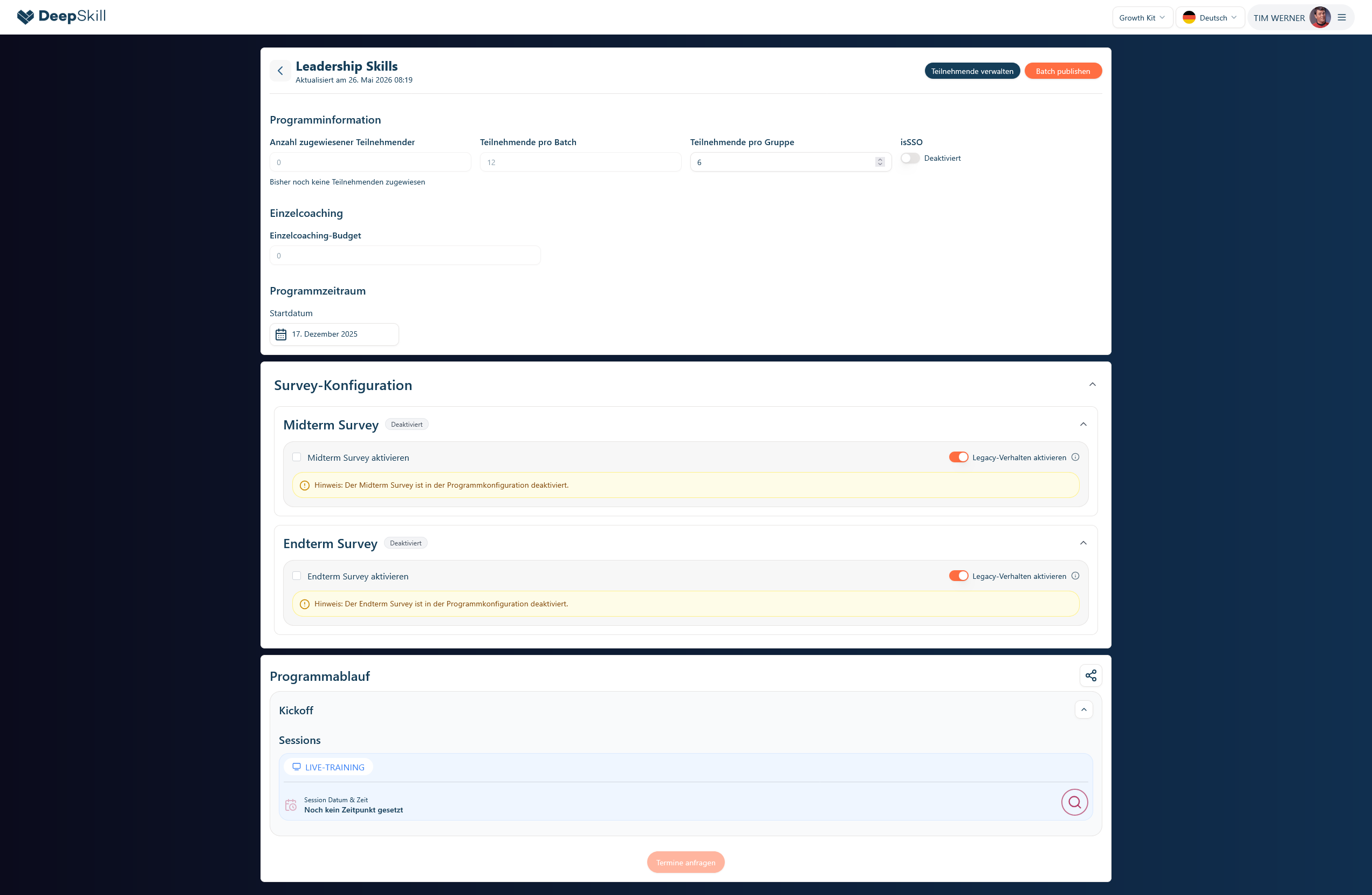 GrowthKit batch editor showing program context, batch settings, schedule, and publish controls